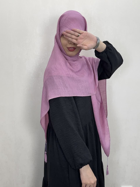 روسری وال اسلپ پتینه دورنگین و منگوله دار با رنگ صورتی