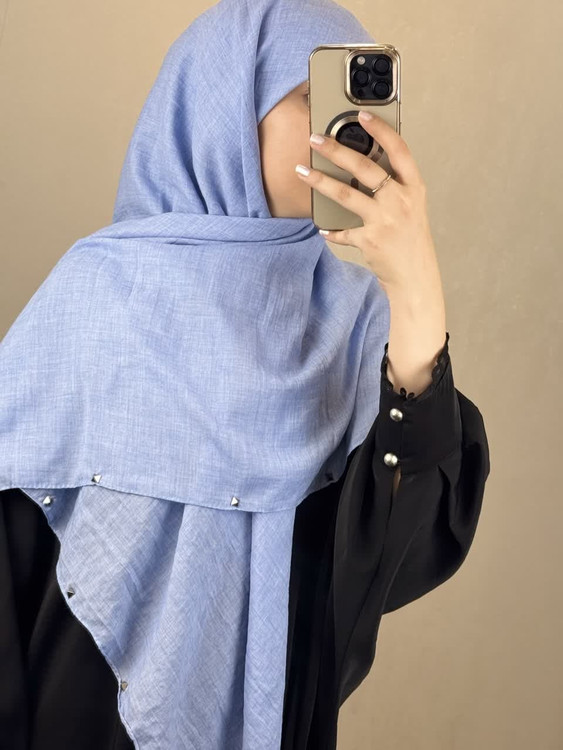 روسری نخی سنگشور و دور پانچی رنگ آبی جین