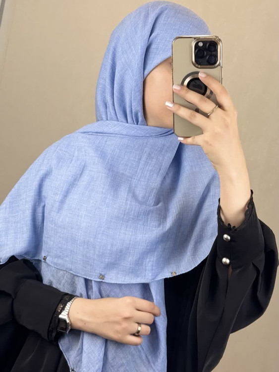 روسری نخی سنگشور و دور پانچی رنگ آبی جین