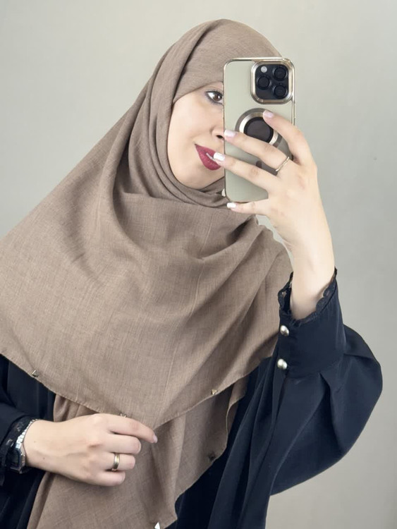 روسری نخی سنگشور و دور پانچی رنگ قهوه ای دارچینی