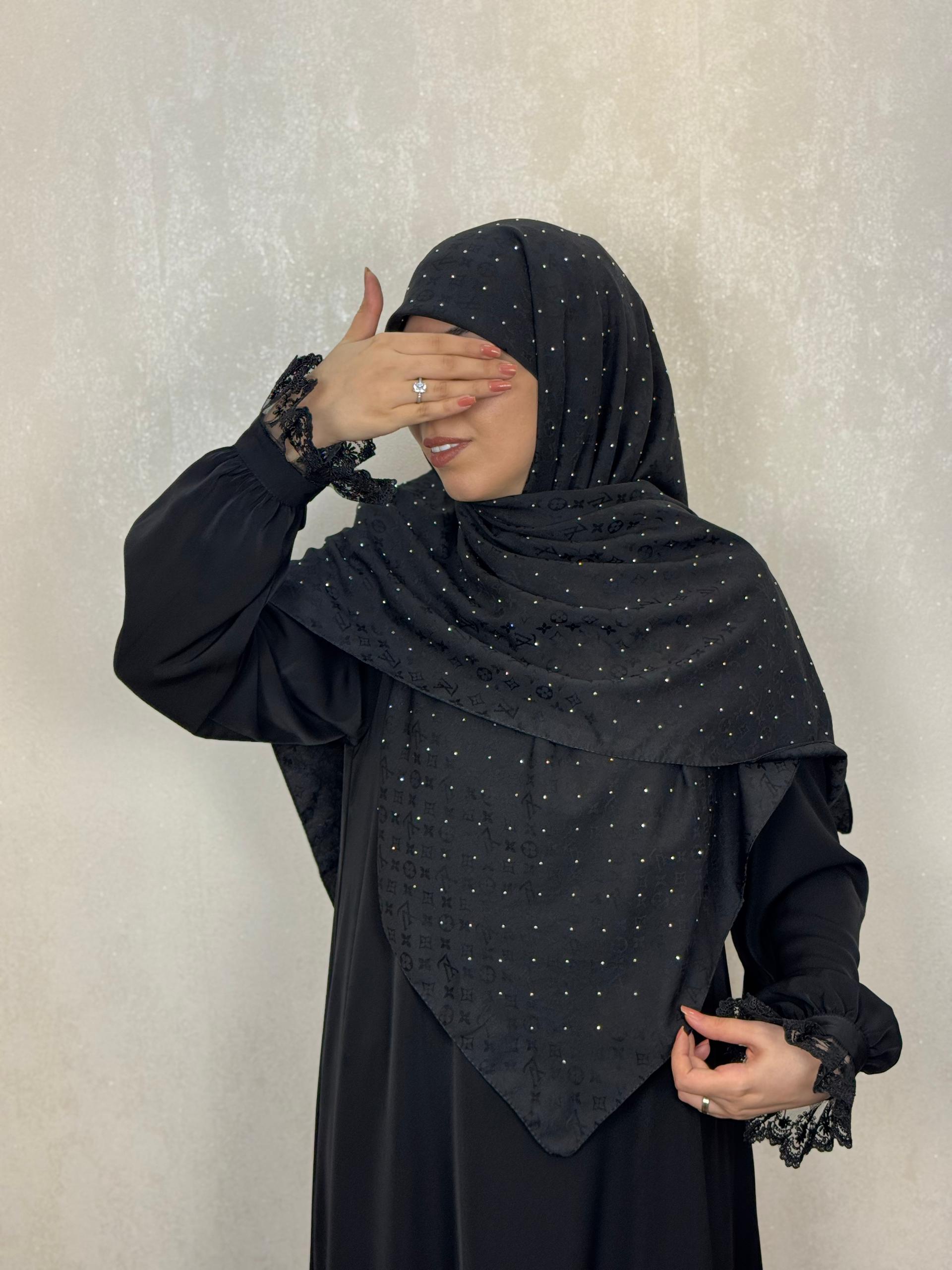 روسری کشمیر   LV نگین دار رنگ مشکی با نگین های نقره ای