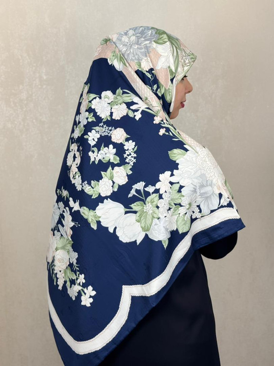 روسری ابریشم ژاکارد دوردست دوز وارداتی رنگ سورمه ای