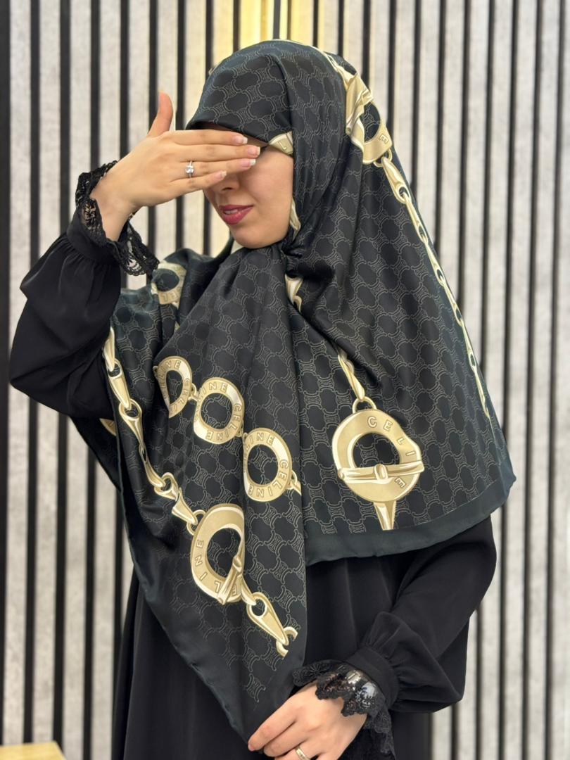 روسری ابریشم توییل وارداتی طرح  زنجیز رنگ مشکی کد001