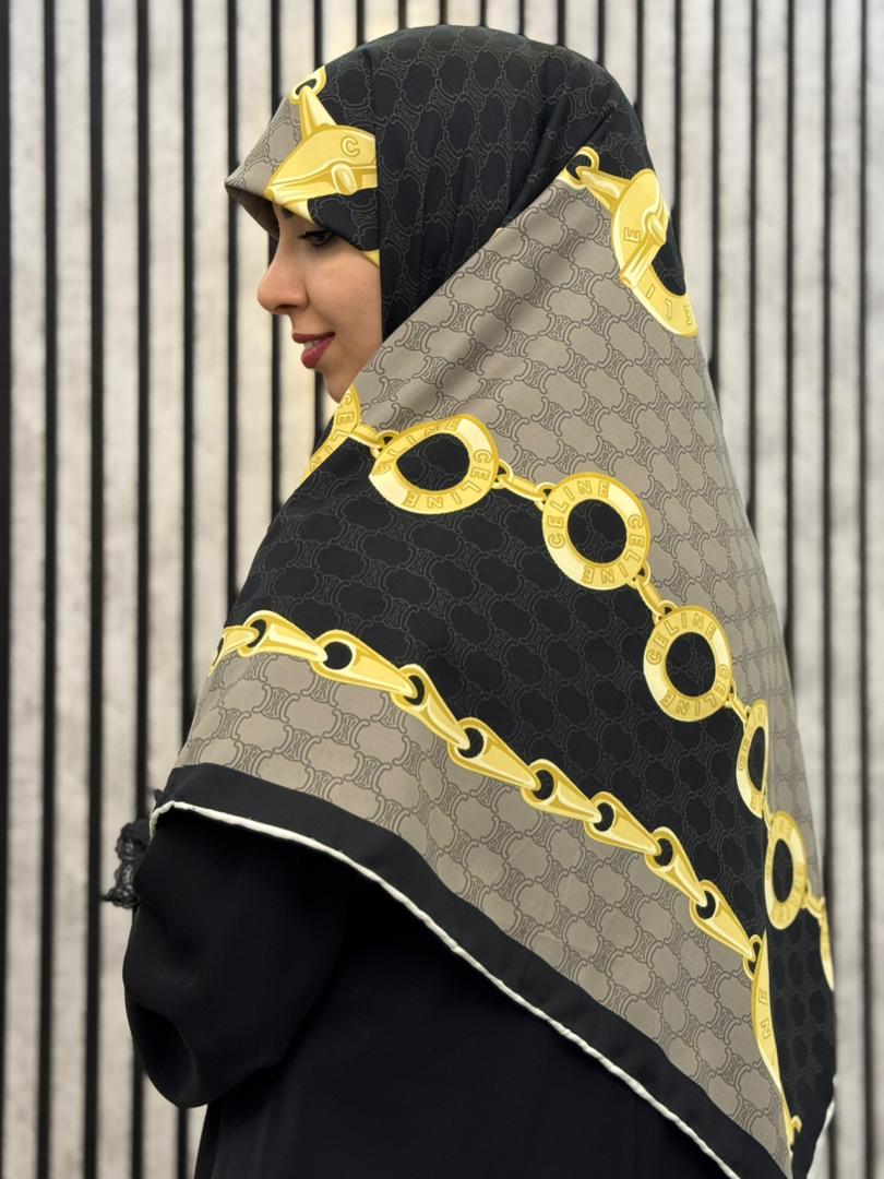 روسری ابریشم توییل وارداتی طرح  زنجیر رنگ مشکی کد002