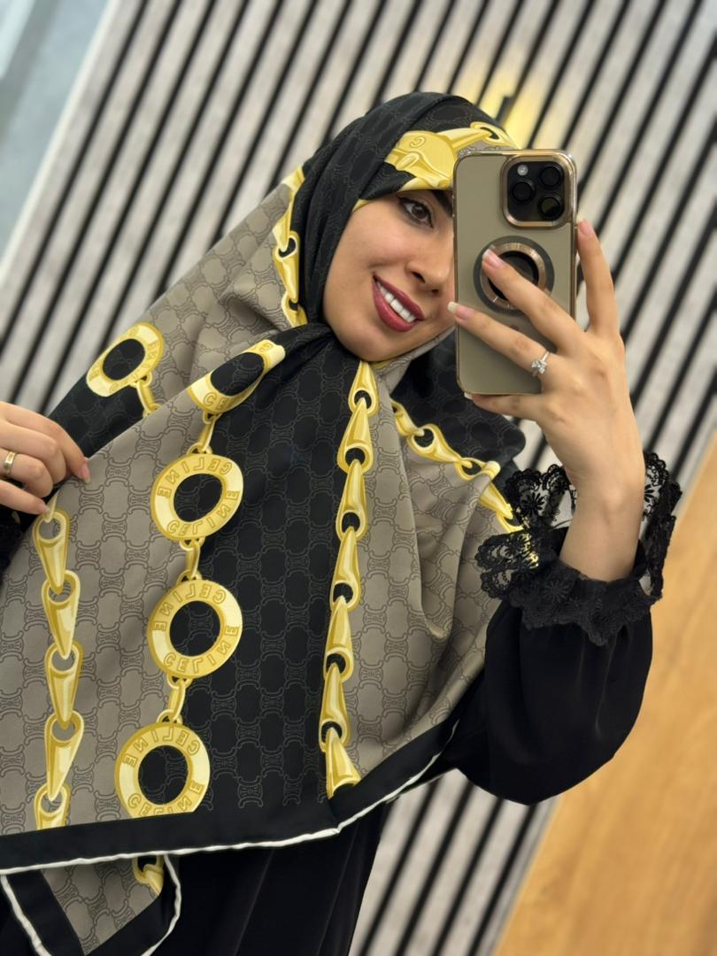 روسری ابریشم توییل وارداتی طرح  زنجیر رنگ مشکی کد002