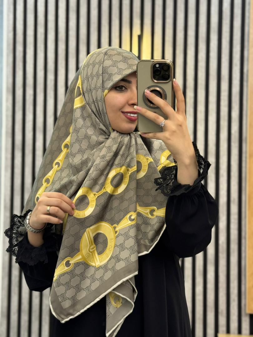 روسری ابریشم توییل وارداتی طرح  زنجیر رنگ  طوسی